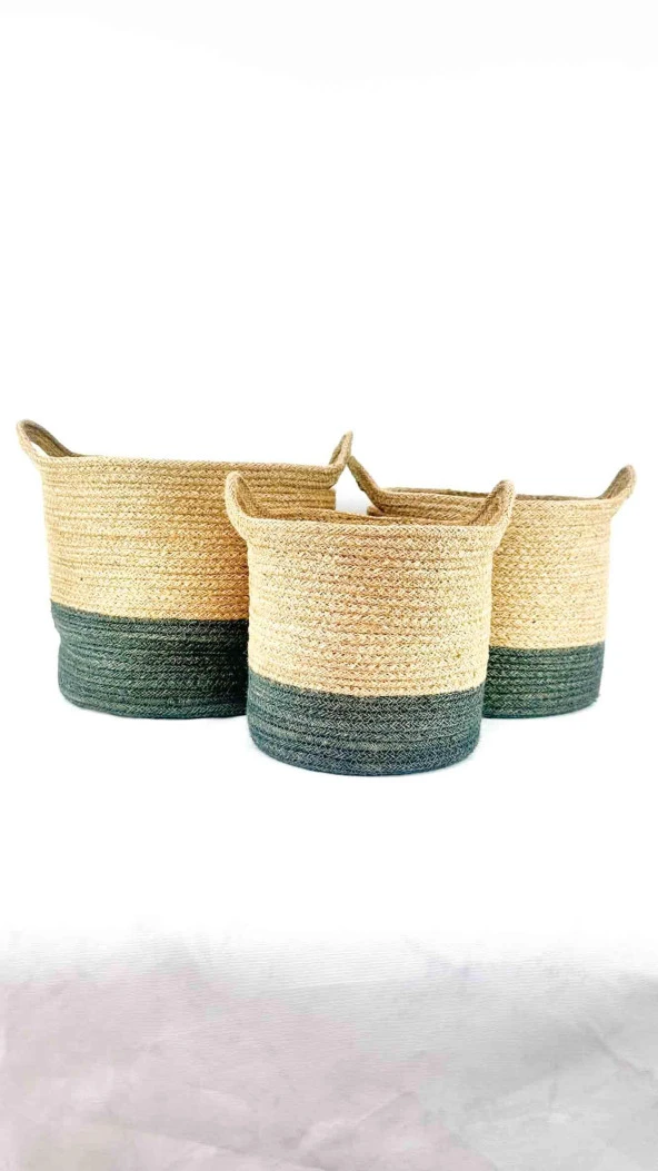 Bitki Tasarımı Ev Dekorasyon Düzenleyici Dekoratif Kulplu Altı Gri Şeritli Doğal Örgü Sepet 3’lü Set - 3