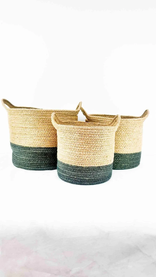 Bitki Tasarımı Ev Dekorasyon Düzenleyici Dekoratif Kulplu Altı Gri Şeritli Doğal Örgü Sepet 3’lü Set - 4