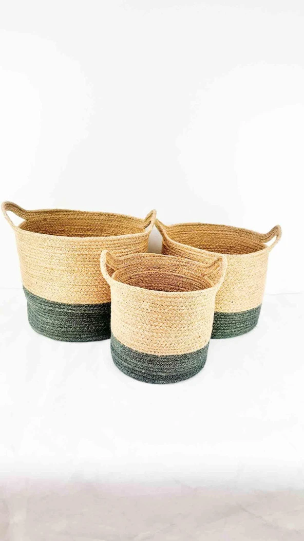 Bitki Tasarımı Ev Dekorasyon Düzenleyici Dekoratif Kulplu Altı Gri Şeritli Doğal Örgü Sepet 3’lü Set - 6