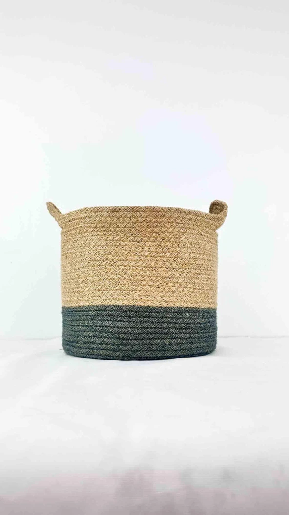 Bitki Tasarımı Ev Dekorasyon Düzenleyici Dekoratif Kulplu Altı Gri Şeritli Doğal Örgü Sepet Orta Boy ürün görseli