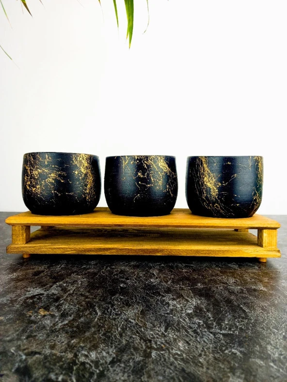 Bitki Tasarımı Ev dekorasyon Aksesuar Siyah Gold Mermer Efektli Toprak Saksı Üçlü Ahşap Tabanlı Belly Çiçeklik Saksı Saksılık - Resim 3