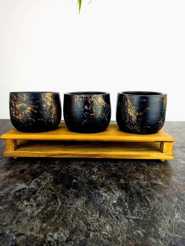 Bitki Tasarımı Ev dekorasyon Aksesuar Siyah Gold Mermer Efektli Toprak Saksı Üçlü Ahşap Tabanlı Belly Çiçeklik Saksı Saksılık - Resim 4