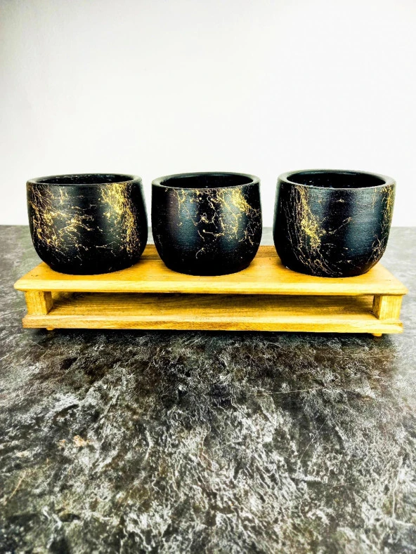 Bitki Tasarımı Ev dekorasyon Aksesuar Siyah Gold Mermer Efektli Toprak Saksı Üçlü Ahşap Tabanlı Belly Çiçeklik Saksı Saksılık - Resim 5