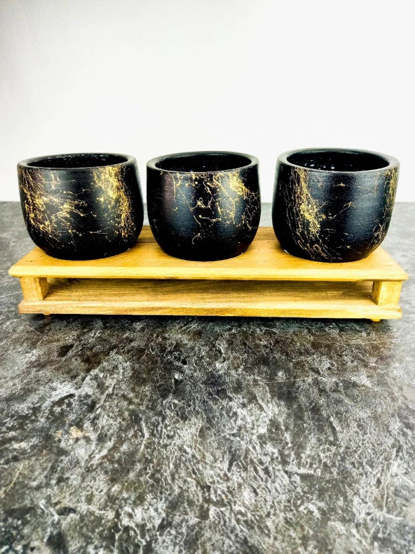 Bitki Tasarımı Ev dekorasyon Aksesuar Siyah Gold Mermer Efektli Toprak Saksı Üçlü Ahşap Tabanlı Belly Çiçeklik Saksı Saksılık - Resim 6