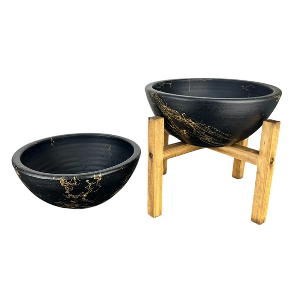 Bitki Tasarımı Ev Dekorasyon Siyah Üzeri Gold Mermer Efektli Aranjman Sunumluk Toprak Saksı Ayaksız Ve 3 Ayaklı İkili Set 20 Cm Çap - Resim 3