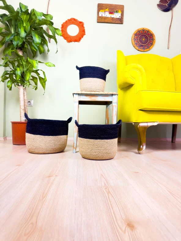 Bitki Tasarımı Düzenleyici Kulplu Üstü Siyah Şeritli Doğal Örgü Sepet 3’lü Set