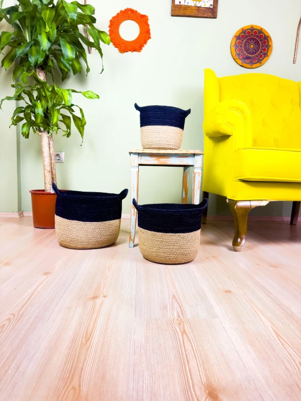 Bitki Tasarımı Düzenleyici Kulplu Üstü Siyah Şeritli Doğal Örgü Sepet 3’lü Set - 2