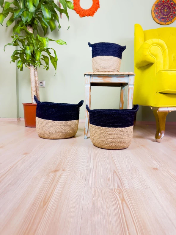 Bitki Tasarımı Düzenleyici Kulplu Üstü Siyah Şeritli Doğal Örgü Sepet 3’lü Set - 3