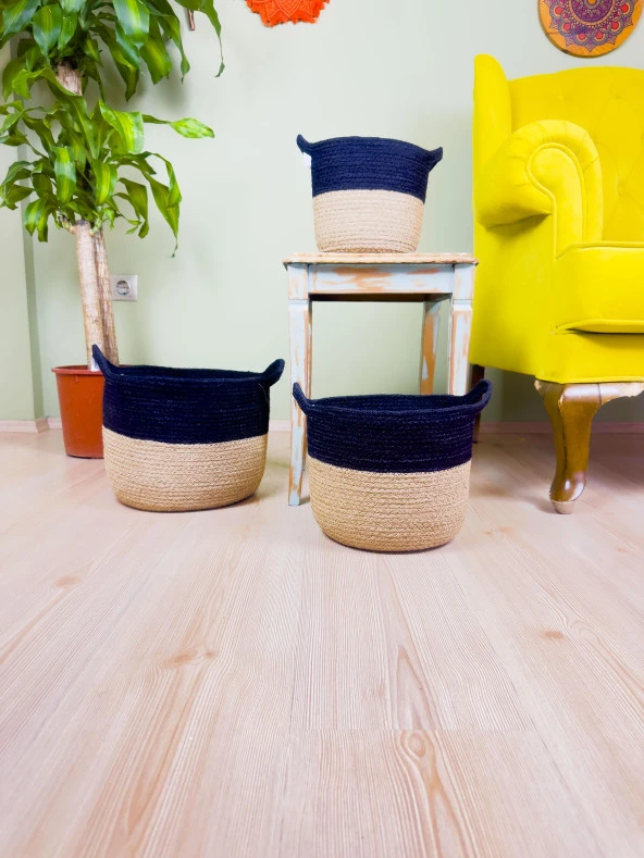 Bitki Tasarımı Düzenleyici Kulplu Üstü Siyah Şeritli Doğal Örgü Sepet 3’lü Set - 4