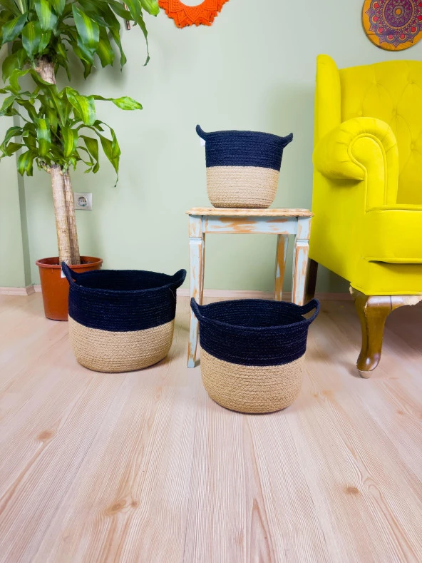 Bitki Tasarımı Düzenleyici Kulplu Üstü Siyah Şeritli Doğal Örgü Sepet 3’lü Set - 5