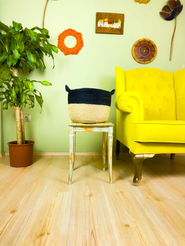 Bitki Tasarımı Düzenleyici Kulplu Üstü Siyah Şeritli Doğal Örgü Sepet Büyük