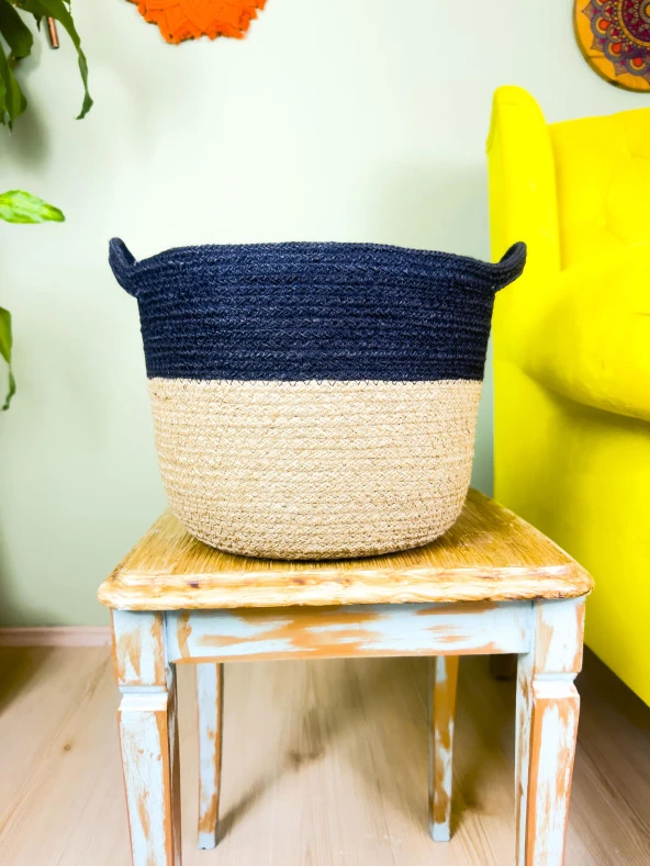 Bitki Tasarımı Düzenleyici Kulplu Üstü Siyah Şeritli Doğal Örgü Sepet Orta