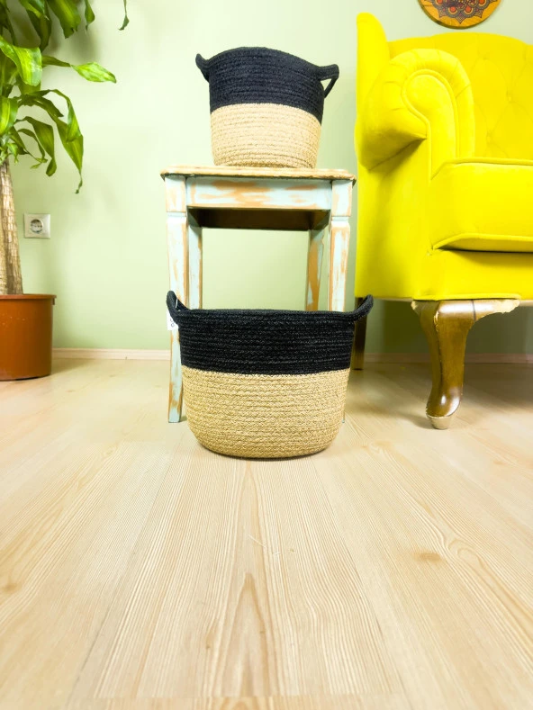 Bitki Tasarımı Düzenleyici Kulplu Üstü Siyah Şeritli Doğal Örgü Sepet İkili Set Orta-Küçük - 2