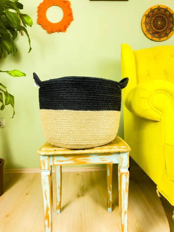 Bitki Tasarımı Düzenleyici Kulplu Üstü Siyah Şeritli Doğal Örgü Sepet Büyük - 4