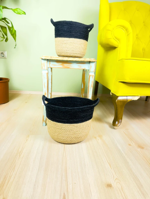 Bitki Tasarımı Düzenleyici Kulplu Üstü Siyah Şeritli Doğal Örgü Sepet İkili Set Orta-Küçük - 3