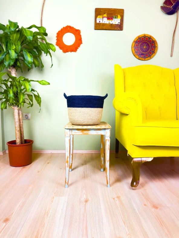 Bitki Tasarımı Düzenleyici Kulplu Üstü Siyah Şeritli Doğal Örgü Sepet Orta - 2