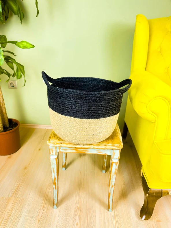 Bitki Tasarımı Düzenleyici Kulplu Üstü Siyah Şeritli Doğal Örgü Sepet Büyük - 5