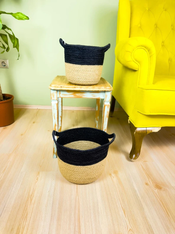 Bitki Tasarımı Düzenleyici Kulplu Üstü Siyah Şeritli Doğal Örgü Sepet İkili Set Orta-Küçük - 4