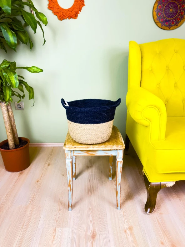 Bitki Tasarımı Düzenleyici Kulplu Üstü Siyah Şeritli Doğal Örgü Sepet Orta - 3