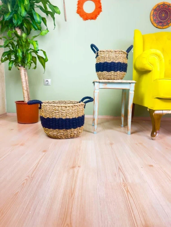 Bitki Tasarımı Düzenleyici Kulplu Siyah Şeritli Doğal Örgü Sepet İkili Set Büyük-Orta