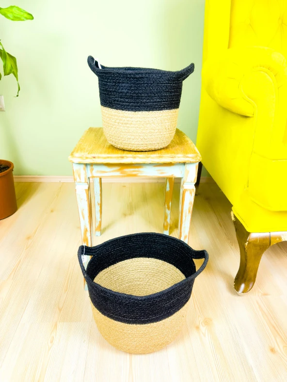 Bitki Tasarımı Düzenleyici Kulplu Üstü Siyah Şeritli Doğal Örgü Sepet İkili Set Orta-Küçük - 5