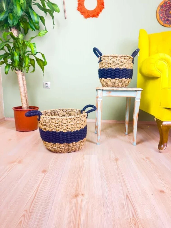 Bitki Tasarımı Düzenleyici Kulplu Siyah Şeritli Doğal Örgü Sepet İkili Set Büyük-Orta - 2