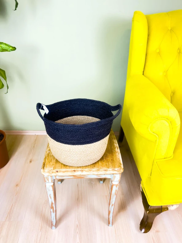 Bitki Tasarımı Düzenleyici Kulplu Üstü Siyah Şeritli Doğal Örgü Sepet Orta - 4