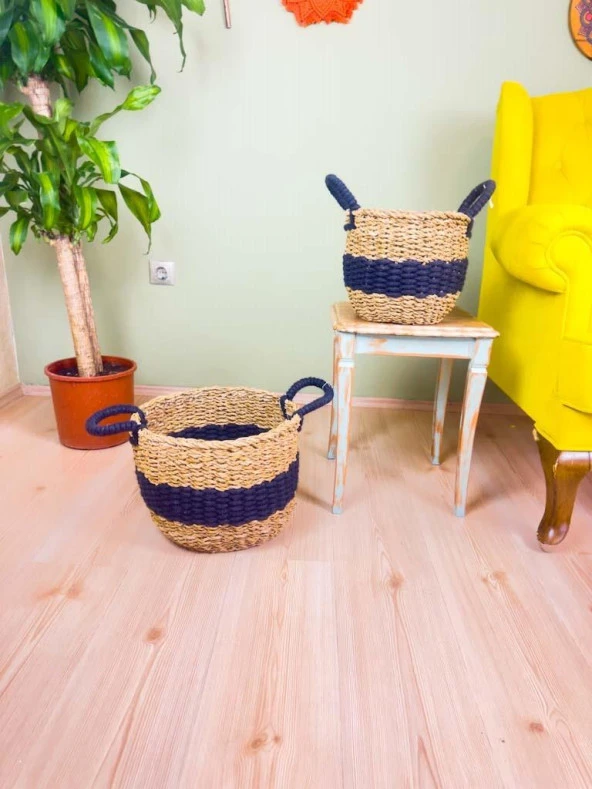 Bitki Tasarımı Düzenleyici Kulplu Siyah Şeritli Doğal Örgü Sepet İkili Set Büyük-Orta - 3