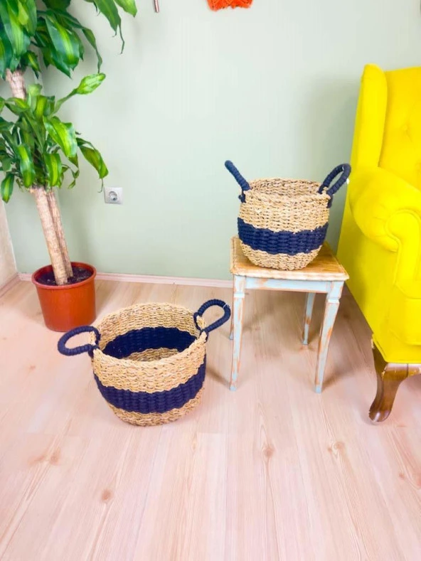 Bitki Tasarımı Düzenleyici Kulplu Siyah Şeritli Doğal Örgü Sepet İkili Set Büyük-Orta - 4