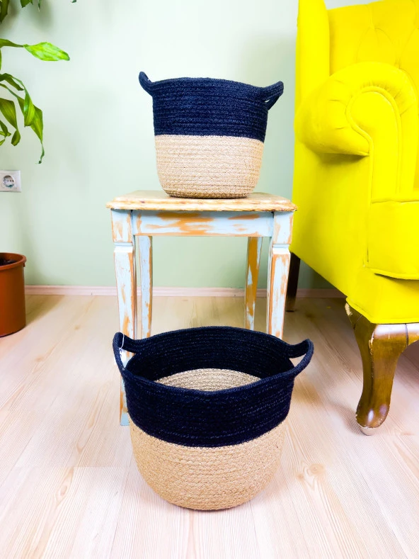 Bitki Tasarımı Düzenleyici Kulplu Üstü Siyah Şeritli Doğal Örgü Sepet İkili Set Orta-Küçük - 6