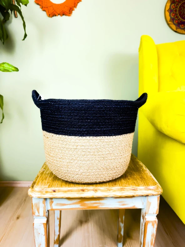 Bitki Tasarımı Düzenleyici Kulplu Üstü Siyah Şeritli Doğal Örgü Sepet Orta - 5