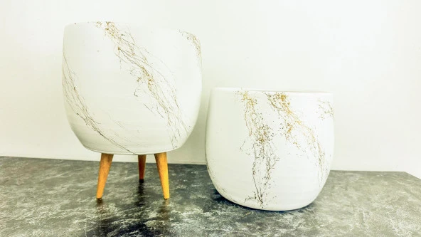 Beyaz Üzeri Gold Mermer efekt Toprak Saksı Saksılık Salon Çiçeklik İkili Set Ayaksız -3 Ayaklı 19 CM ürün görseli