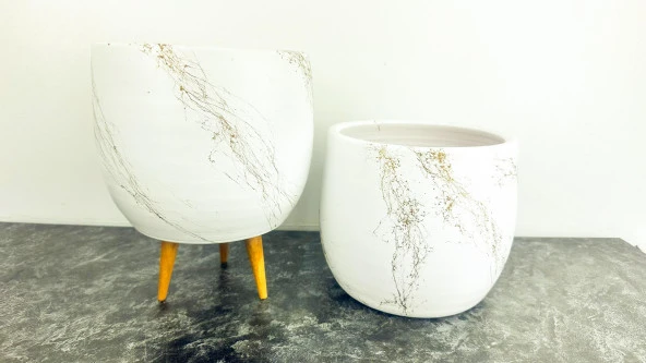 Beyaz Üzeri Gold Mermer efekt Toprak Saksı Saksılık Salon Çiçeklik İkili Set Ayaksız -3 Ayaklı 19 CM - Resim 2