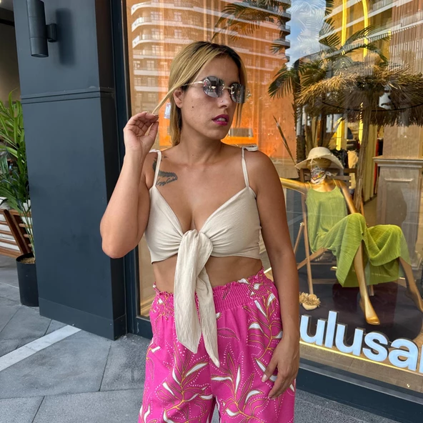 Keten Kumaş Pembe Üzeri  Bej Desenli Pantolon Bej Büstiyer Takım - 2