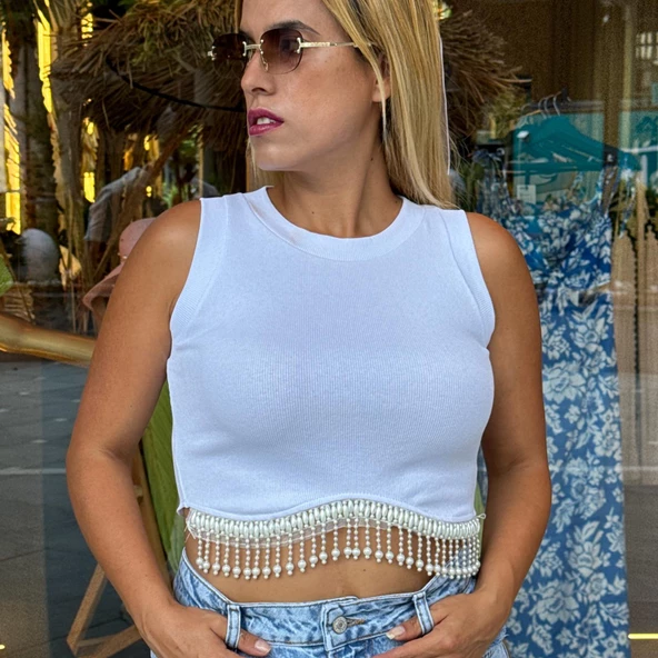 Beyaz Sıfır Kol Kaşkorse Kumaş Beli İncili Crop - 2