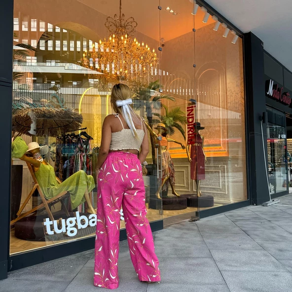 Keten Kumaş Pembe Üzeri Bej Desenli Pantolon Bej Büstiyer Takım - 3