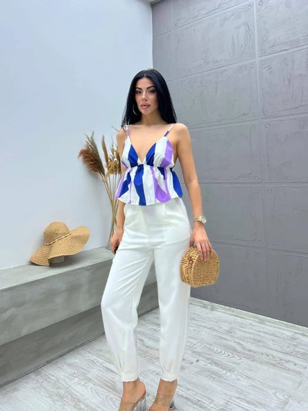 Beyaz Üzeri Lacivert Lila Çizgili Crop