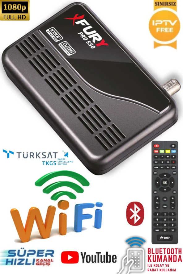 Fury Çanaklı Çanaksız Wi-fi Dahil Full Hd Sınırsız İnternet TV Uydu Alıcısı