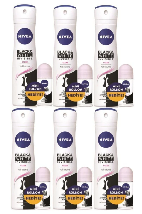 Black & White Clear Kadın Sprey Deodorant 150 ml + Roll-on 25 ml X6