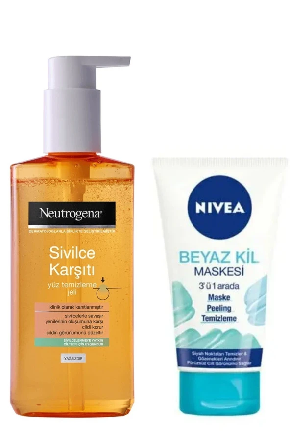 Neutrogena Sivilce Karşıtı Yüz Temizleme Jeli 200 Ml& Nivea Beyaz Kil Maskesi 3'ü1 Arada Maske150 Ml