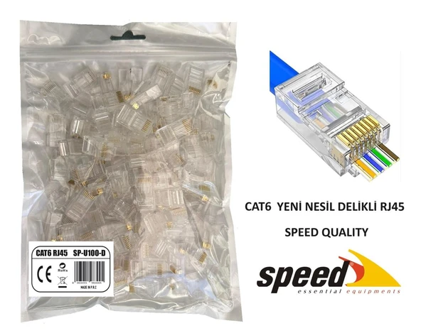 Speed SP-U100 D CAT6 100 Adet Rj45 Konnektör Delikli Yeni Nesil ürün görseli 1