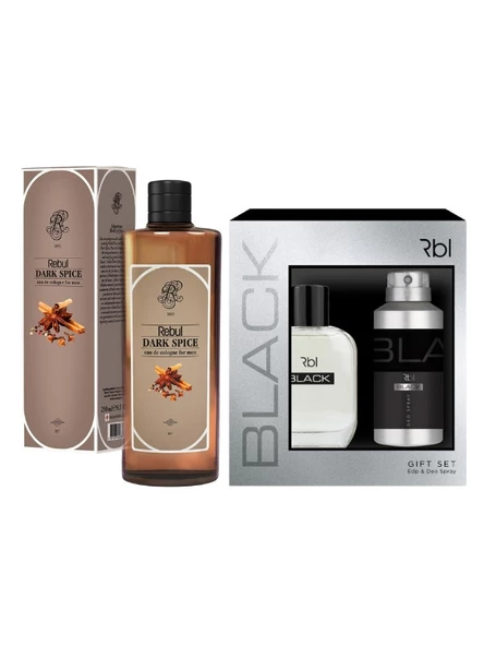 Rebul Black Set Parfüm 100 ml + Deodorant Spray 150 ml + Dark Spice Kolonya 250ML (Cam Şişe)