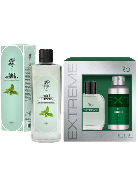 Rebul Extreme Set Parfüm 100 ml + Deodorant Spray 150 ml+ Yeşil Çay Kokulu Kolonya 250 Ml (Cam Şişe)