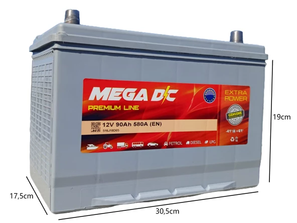 Mega DC Premium Line 12V 90 Amper 580A (EN) Akü (2025 ÜRETİM) - 2