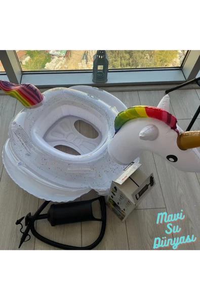 Pompa Hediyeli Gölgelikli Beyaz Renk Unicorn Bebek Deniz Simidi, Bebek Havuz Simidi, 0-4 Yaş 85cm - 4