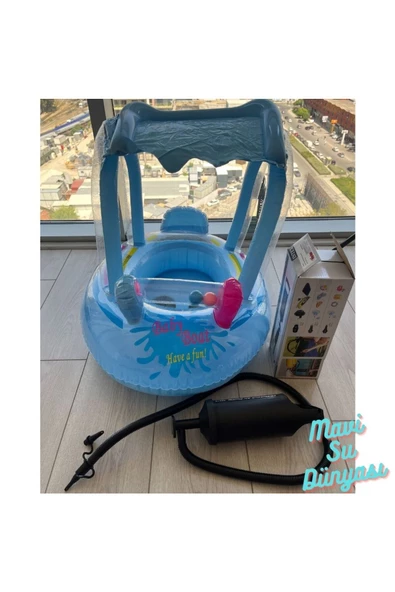 Pompa Hediyeli Gölgelikli Mavi Renk Bebek Deniz Simidi, Bebek Havuz Simidi, 0-3 Yaş 71cm*60cm - 3