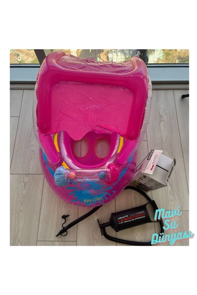 Pompa Hediyeli Gölgelikli Pembe Renk Bebek Deniz Simidi, Bebek Havuz Simidi, 0-3 Yaş 71cm*60cm - 3