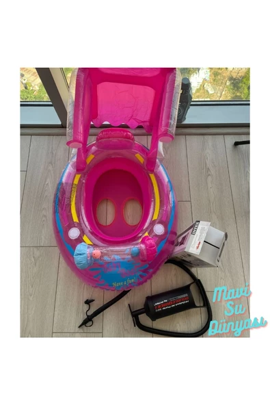 Pompa Hediyeli Gölgelikli Pembe Renk Bebek Deniz Simidi, Bebek Havuz Simidi, 0-3 Yaş 71cm*60cm - 6