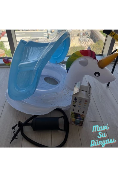 Pompa Hediyeli Gölgelikli Beyaz Renk Unicorn Bebek Deniz Simidi, Bebek Havuz Simidi, 0-4 Yaş 85cm