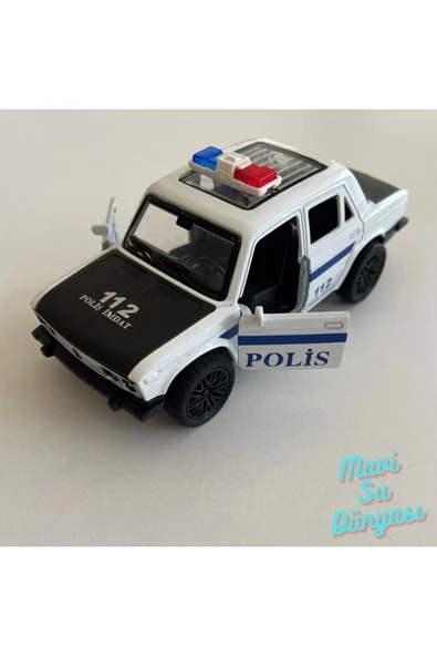 Çek Bırak Araba Küçük Boy Çelik Beyaz Polis Arabası Siyah Kaputlu 1:36